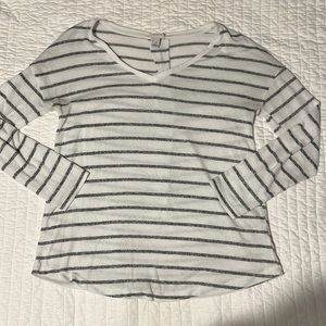 Small white and grey striped v-neck sweater